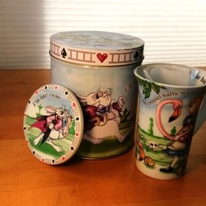 Alice in Wonderland cup, coaster and tin